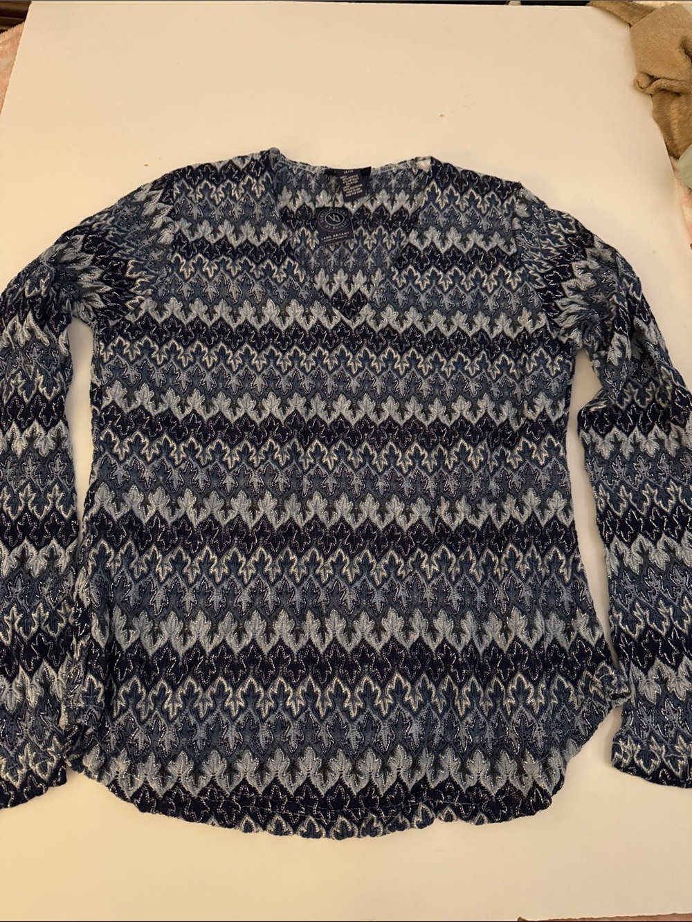 Long-Sleeve Navy Print V-Neck Blouse for Women